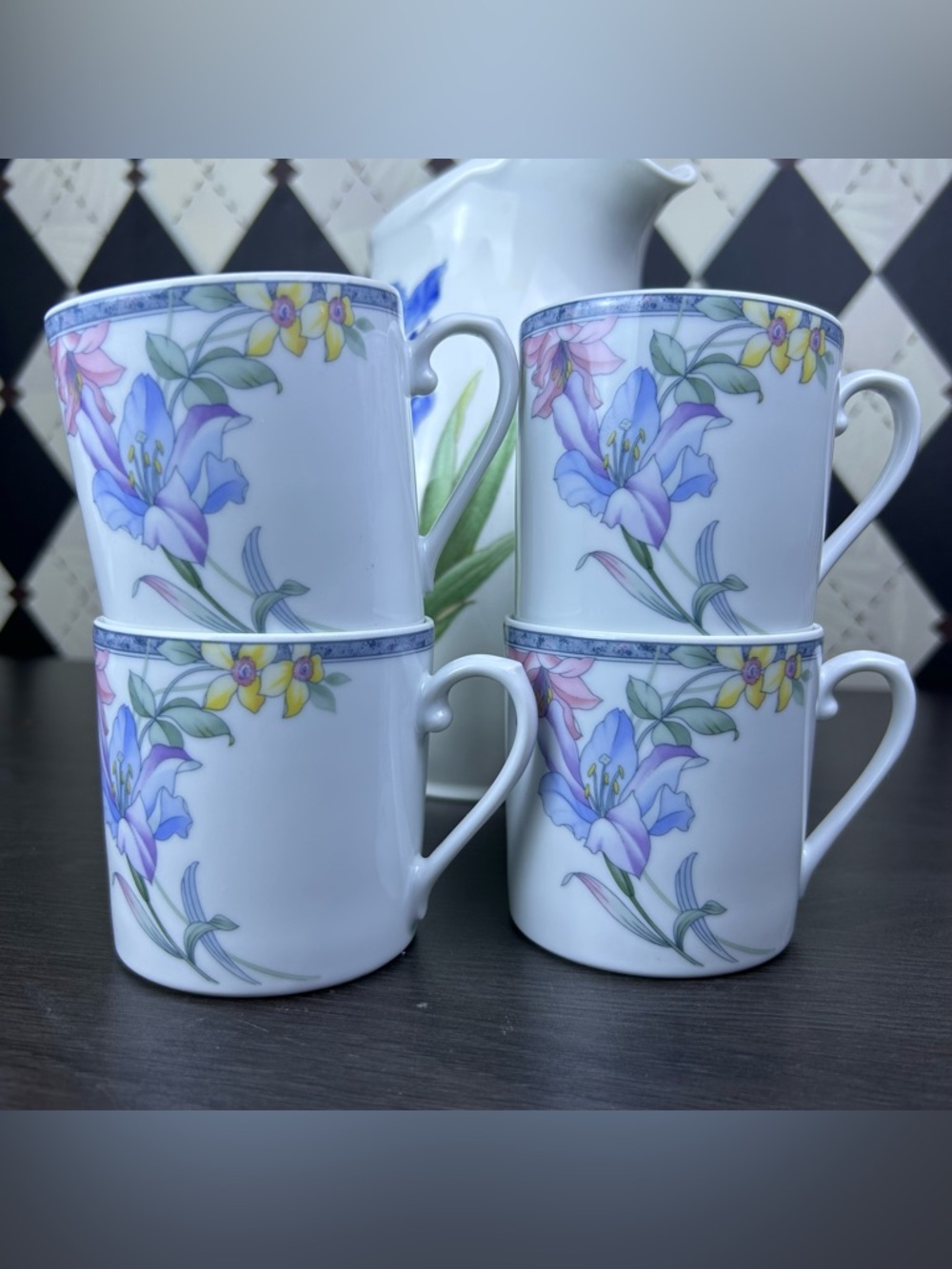 Floral Porcelain Coffee Mugs - White with Purple & Yellow Flowers (Set of 4) - Picture 5 of 7